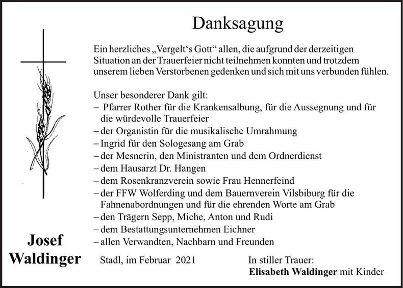 Traueranzeige Josef Waldinger