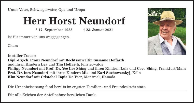 Traueranzeige Horst Neundorf
