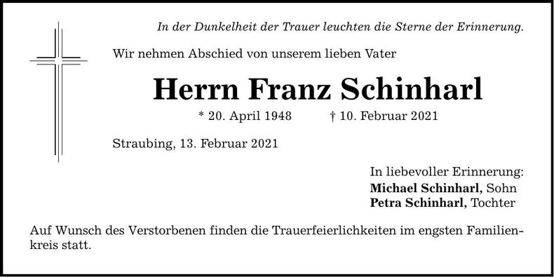 Traueranzeige Franz Schinharl