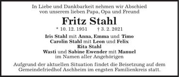 Traueranzeige Fritz Stahl