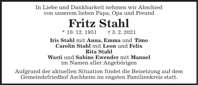 Traueranzeige Fritz Stahl