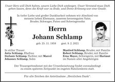 Traueranzeige Johann Schlamp