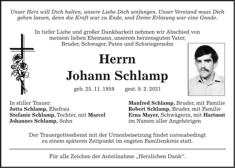Traueranzeige Johann Schlamp