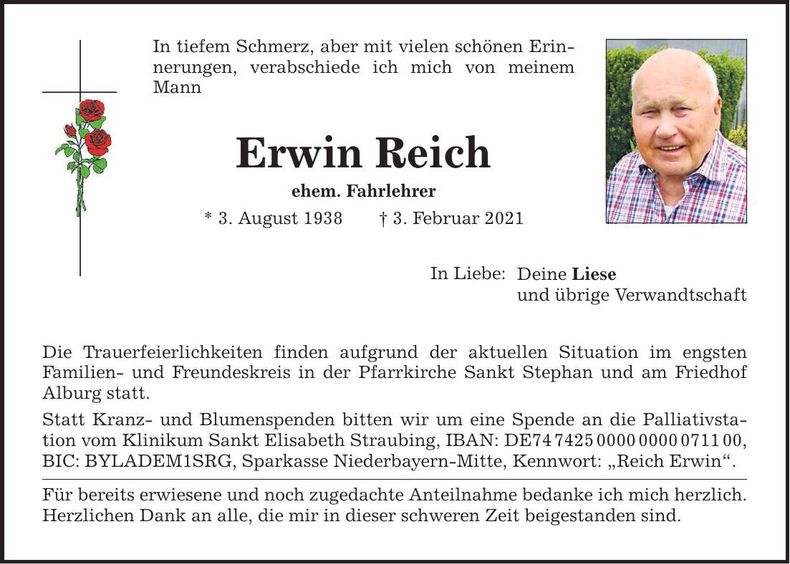 Traueranzeige Erwin Reich