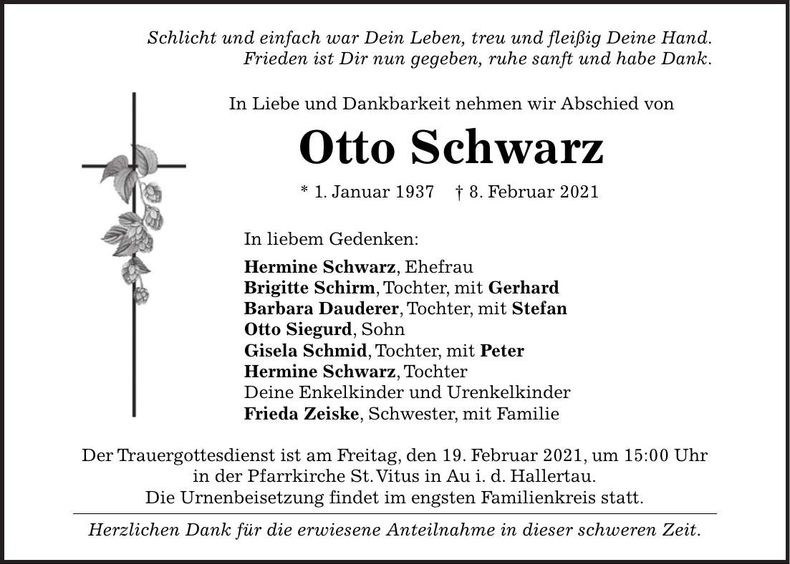 Traueranzeige Otto Schwarz