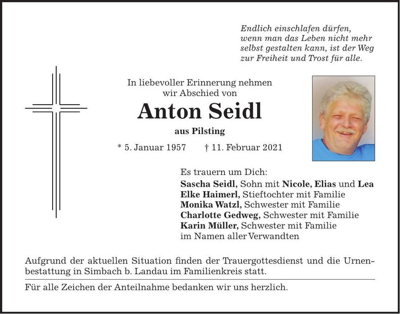 Traueranzeige Anton Seidl