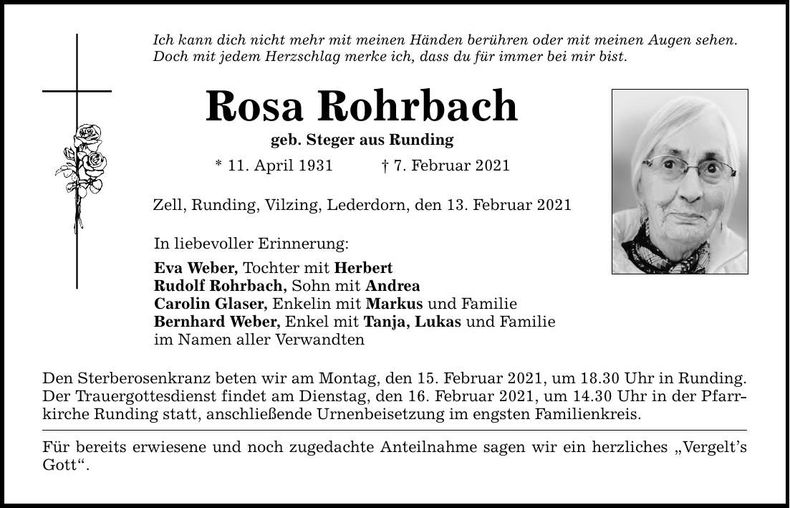 Traueranzeige Rosa Rohrbach