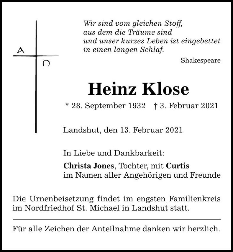 Traueranzeige Heinz Klose