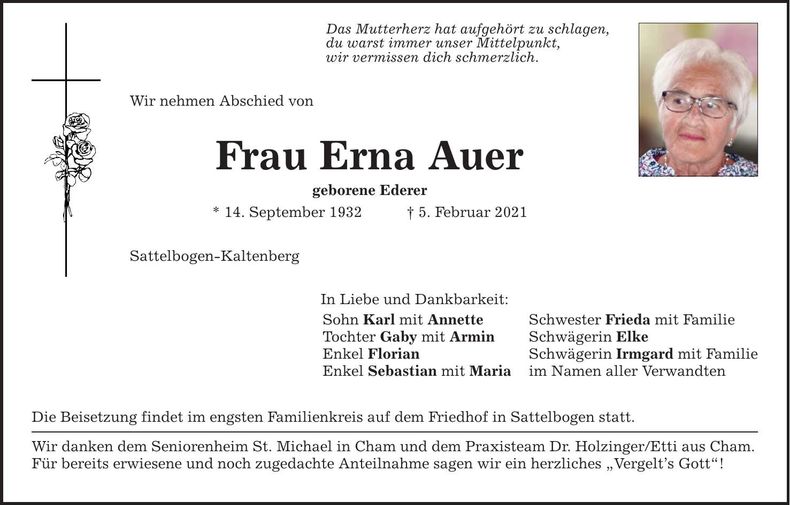 Traueranzeige Erna Auer