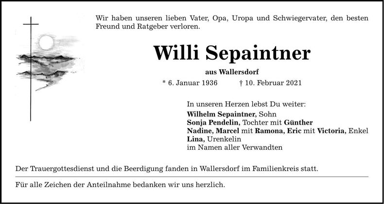 Traueranzeige Willi Sepaintner