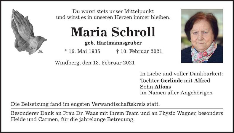 Traueranzeige Maria Schroll