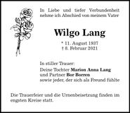 Traueranzeige Wilgo Lang