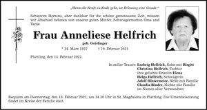 Traueranzeige Anne-Liese Helfrich