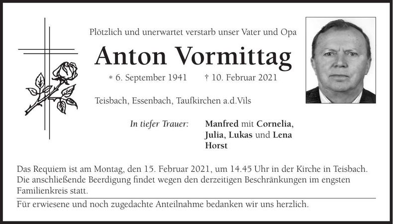 Traueranzeige Anton Vormittag