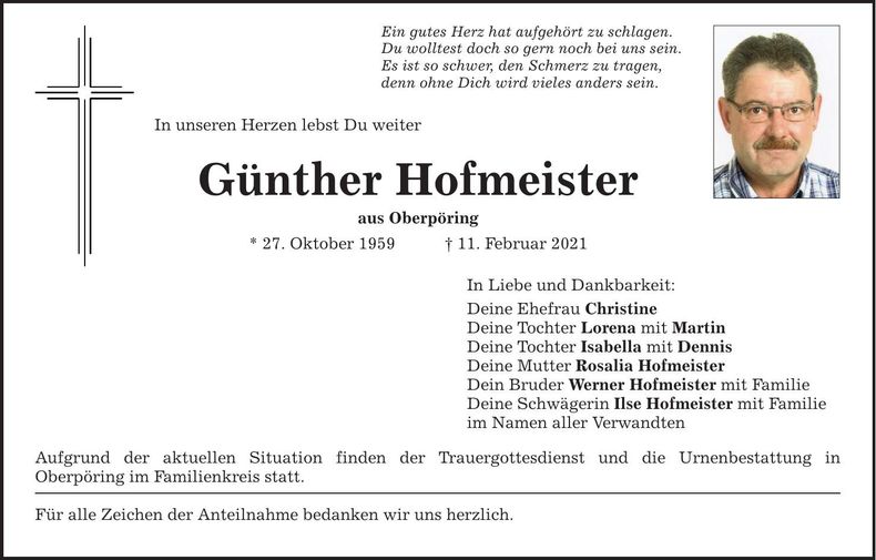 Traueranzeige Günther Hofmeister
