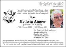 Traueranzeige Hedwig Aigner
