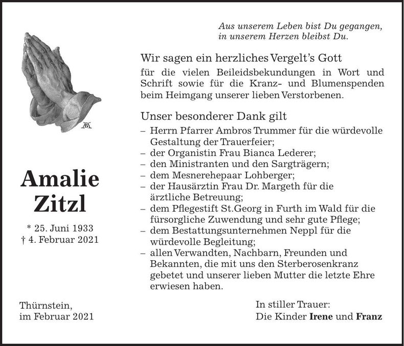 Traueranzeige Amalie Zitzl