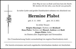 Traueranzeige Hermine Plabst