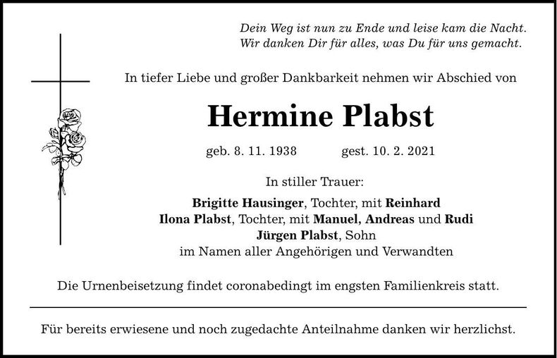 Traueranzeige Hermine Plabst