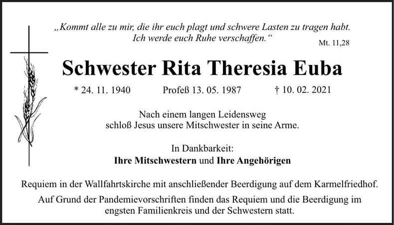 Traueranzeige Schwester Rita Theresia Euba