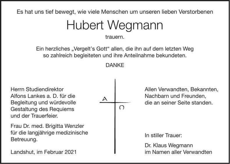 Traueranzeige Hubert Wegmann