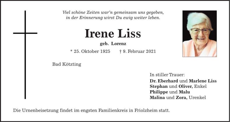 Traueranzeige Irene Liss