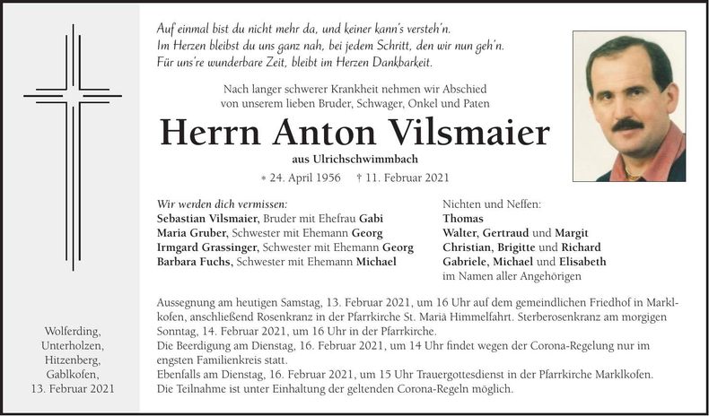 Traueranzeige Anton Vilsmaier