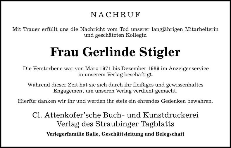 Traueranzeige Gerlinde Stiegler