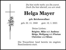 Traueranzeige Helga Mayer