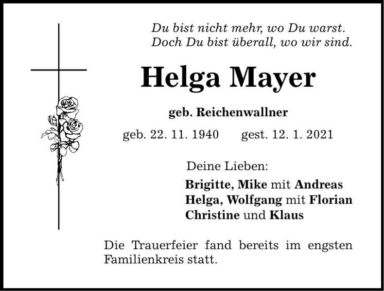 Traueranzeige Helga Mayer