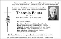 Traueranzeige Theresia Bauer