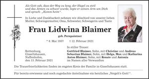 Traueranzeige Lidwina Blaimer