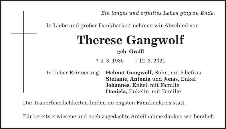 Traueranzeige Therese Gangwolf