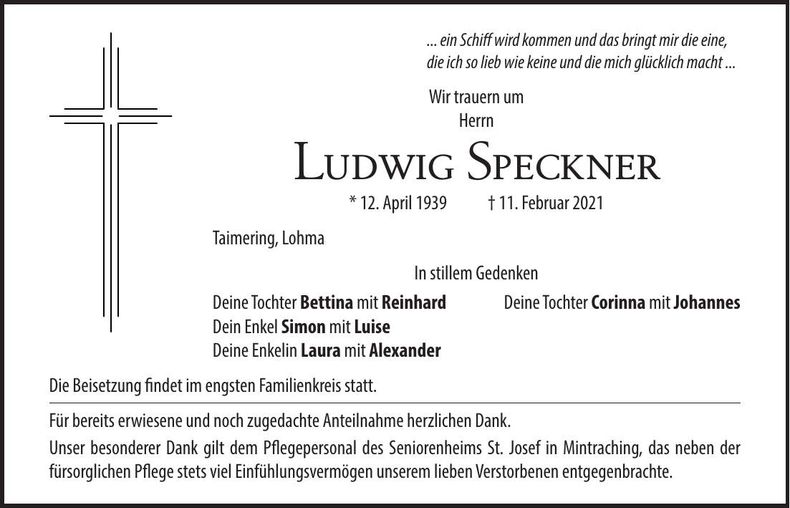 Traueranzeige Ludwig Speckner