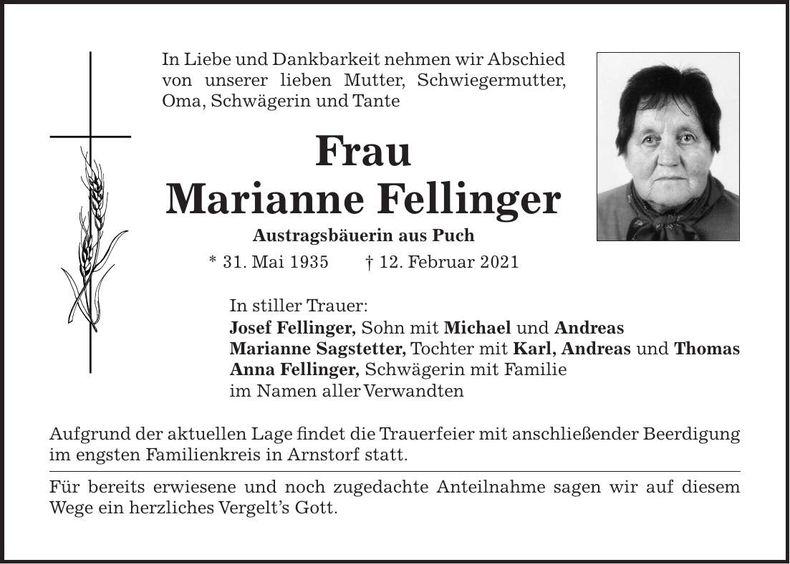 Traueranzeige Marianne Fellinger
