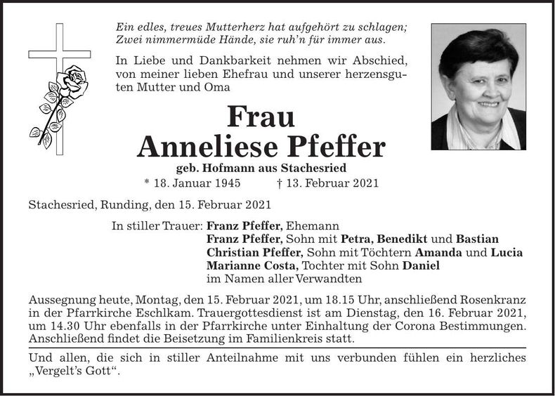 Traueranzeige Anneliese Pfeffer