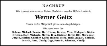 Traueranzeige Werner Geitz