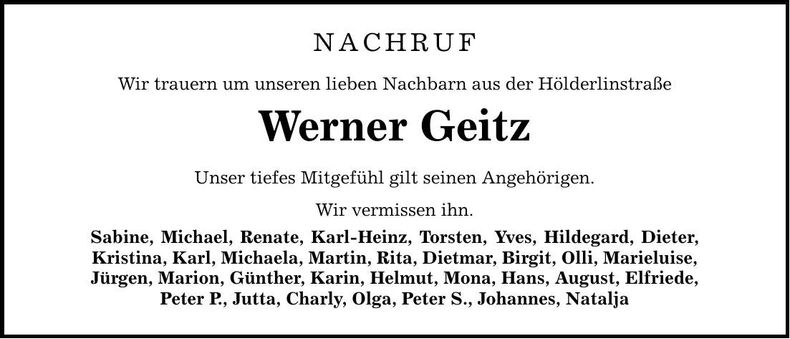 Traueranzeige Werner Geitz