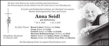 Traueranzeige Anna Seidl