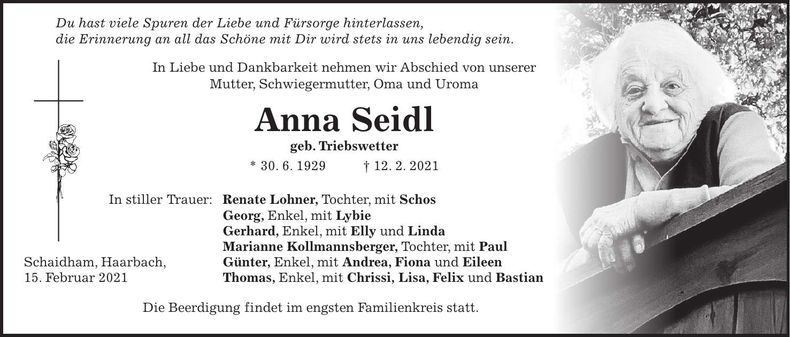 Traueranzeige Anna Seidl