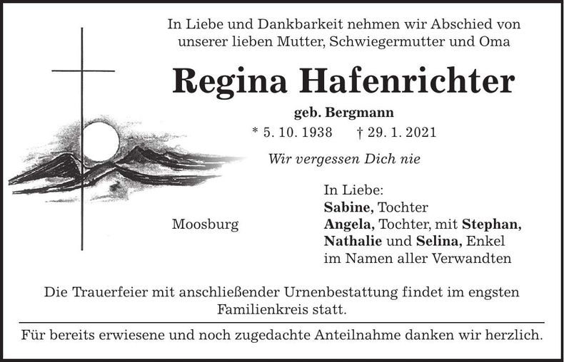 Traueranzeige Regina Hafenrichter