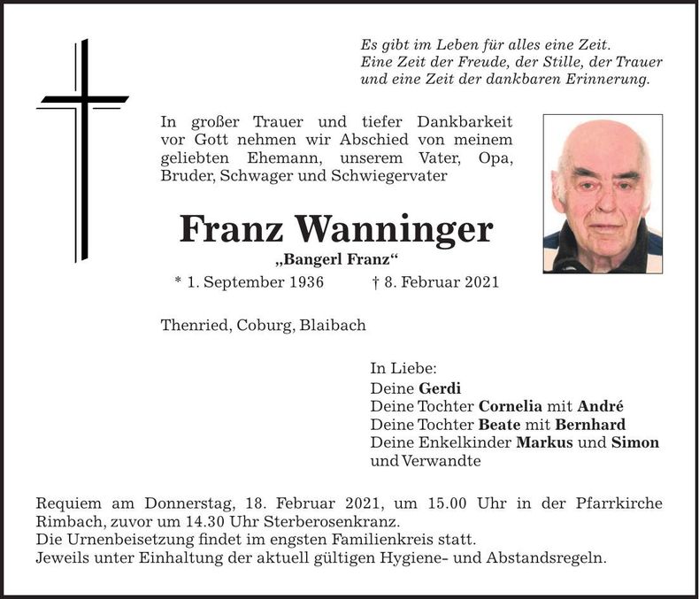 Traueranzeige Franz Wanninger