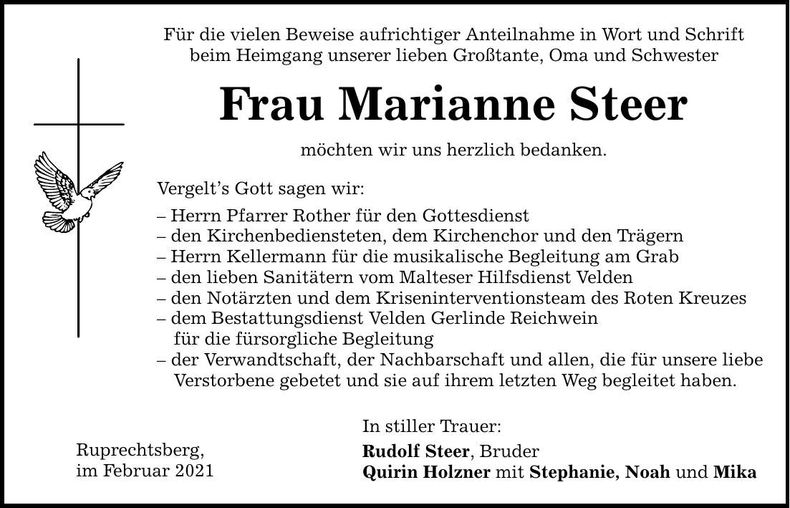 Traueranzeige Marianne Steer