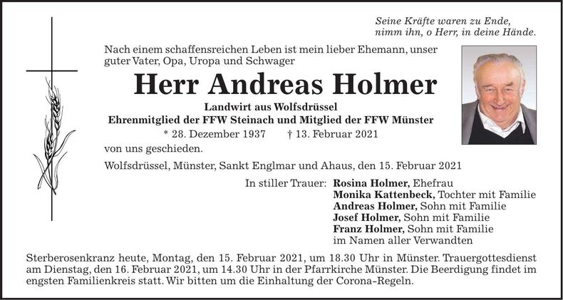 Traueranzeige Andreas Holmer