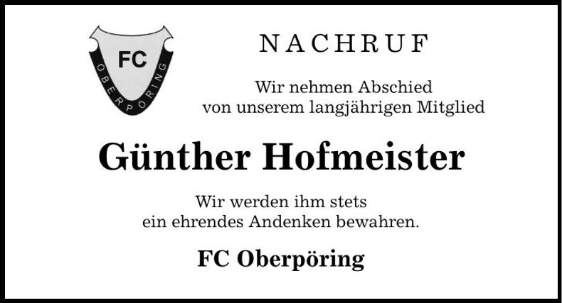 Traueranzeige Günther Hofmeister