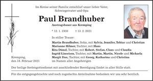 Traueranzeige Paul Brandhuber