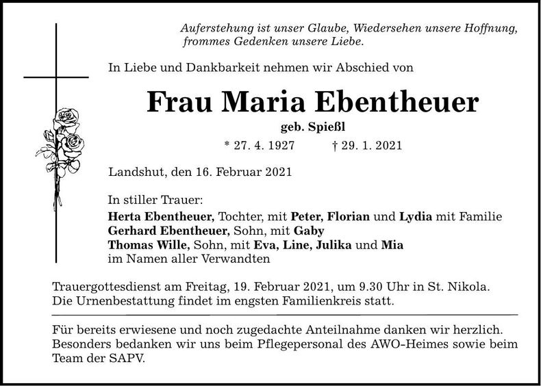 Traueranzeige Maria Ebentheuer