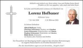 Traueranzeige Lorenz Hofbauer