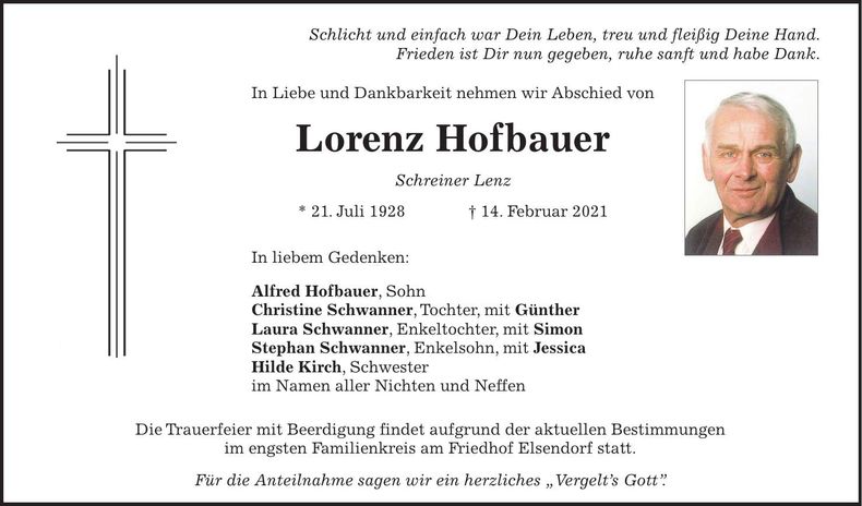 Traueranzeige Lorenz Hofbauer