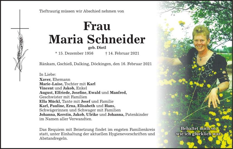Traueranzeige Maria Schneider